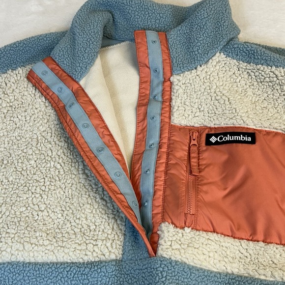 Columbia Lodge Sherpa Fleece Pullover 1/2 Snap Boxy Peach Cream Blue Women's XXL - Picture 5 of 10